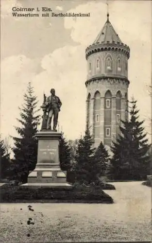 Ak Colmar Kolmar Elsass Haut Rhin, Wasserturm mit Bartholdidenkmal