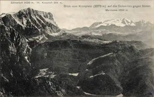 Ak Südtirol, Blick vom Kronplatz auf die Dolomiten gegen Süden, Zehnerkofl, Marmolata, Hl. Kreuzkofl