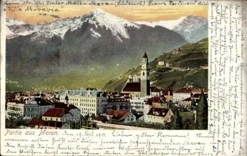 Ak Meran Merano Südtirol, Gesamtansicht, Turm, Gebirge