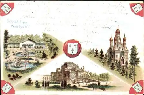Litho Wiesbaden in Hessen, Wappen, Teilansichten