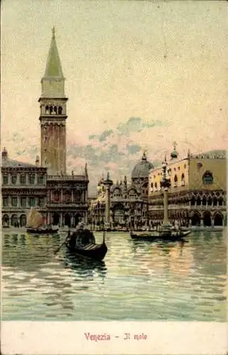 Litho Venezia Venedig Veneto, Il molo, Gondel
