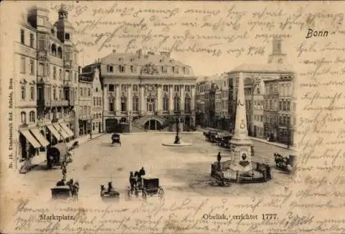Ak Bonn am Rhein, Marktplatz, Obelisk, Rathaus, Pferdekutschen