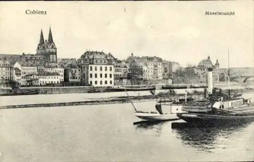 Ak Koblenz am Rhein, Teilansicht, Mosel, Dampfer