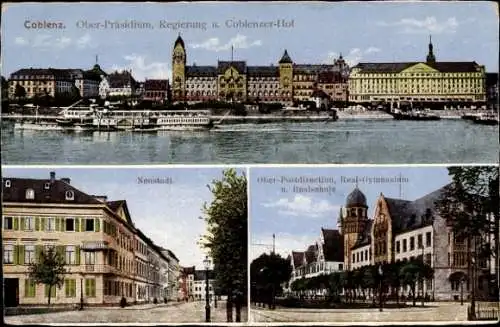 Ak Koblenz am Rhein, Ober Präsidium, Regierung, Coblenzer Hof, Neustadt, Post, Gymnasium, Realschule