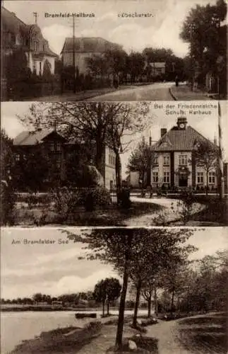 Ak Hamburg Wandsbek Bramfeld Hellbrok, Lübeckerstraße, Friedenseiche, Schule, Rathaus, See
