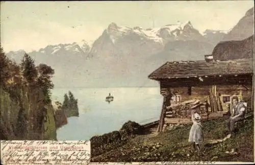 Ak Vierwaldstättersee Kanton Uri, Blick über den See, Hütte, Urirotstock