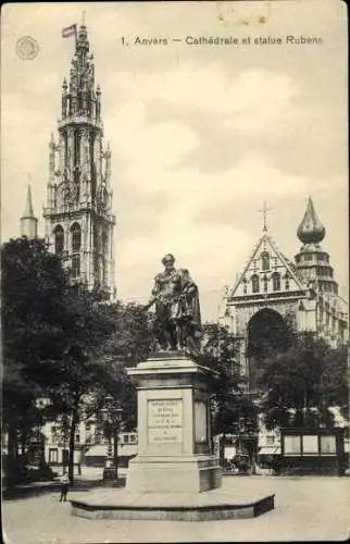 Ak Anvers Antwerpen Flandern, Cathedrale, Statue Rubens