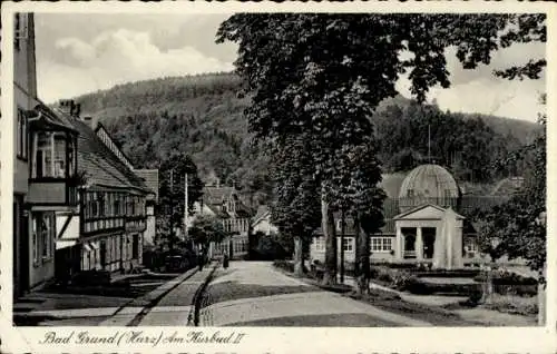 Ak Bad Grund im Harz, Am Kurbad II, Straßenpartie, Springbrunnen, Kuppelgebäude