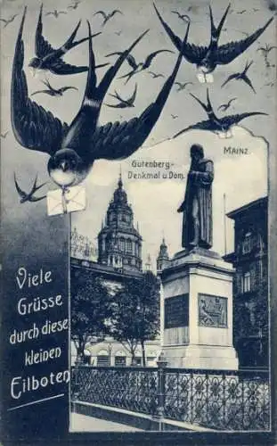 Ak Mainz am Rhein, Gutenberg-Denkmal, Dom, Schwalben, Briefe