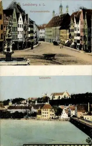 Ak Landsberg am Lech Oberbayern, Herkommerstraße, Brücke, Teilansicht, Brunnen