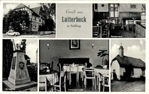 Ak Lutterbeck Moringen im Solling Niedersachsen, Gasthaus zur Linde, Restaurant, Kirche, Ehrenmal