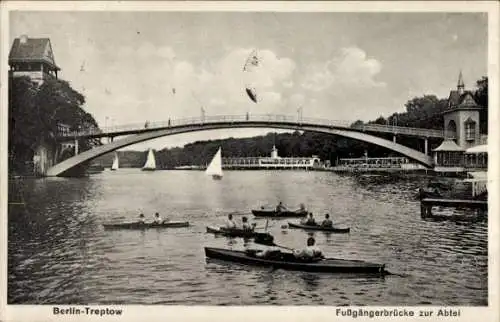 Ak Berlin Treptow, Fußgängerbrücke zur Insel-Restaurant Abtei