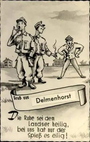 5 alte Ak Delmenhorst in Oldenburg, Soldatenhumor, diverse Ansichten