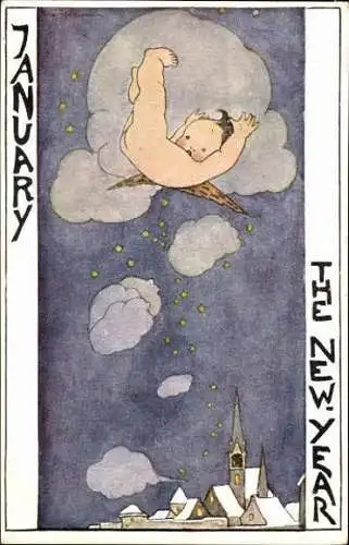 Komplette Serie Ansichtskarten von Rie Cramer, Monate, Allegorien