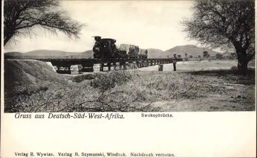 Ak Namibia Deutsch Südwestafrika, Swakopbrücke, Eisenbahn