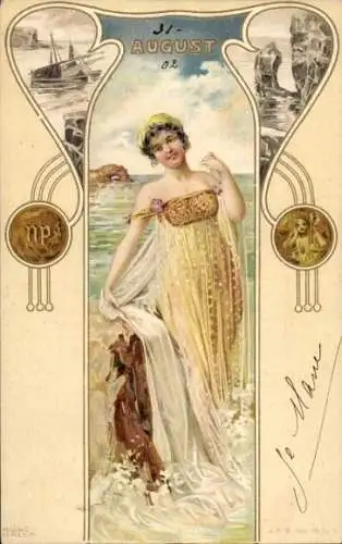 Jugendstil Künstler Litho Allegorie, August, Frau im Wasser