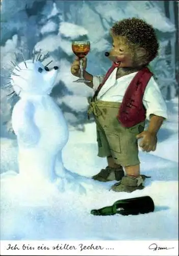 Ak Mecki der Igel, Ich bin ein stiller Zecher, Schneemann, Weinglas