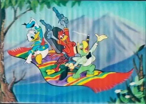 3-D Ak Walt Disney, Donald Duck und Vögel auf einem fliegenden Teppich