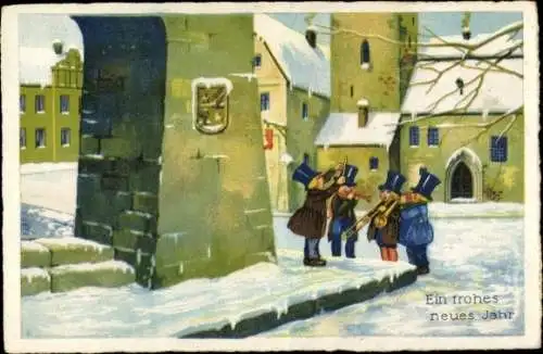 Ak Glückwunsch Neujahr, Straßenpartie im Winter, Musikanten