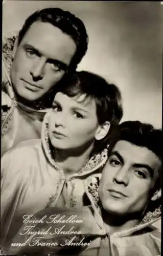 Ak Schauspieler Erich Schellow, Franco Andrei, Schauspielerin Ingrid Andree, Film Drei vom Variete