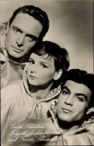 Ak Schauspieler Erich Schellow, Franco Andrei, Schauspielerin Ingrid Andree, Film Drei vom Variete