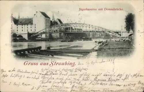 Ak Straubing an der Donau Niederbayern, Jägerkaserne, Donaubrücke
