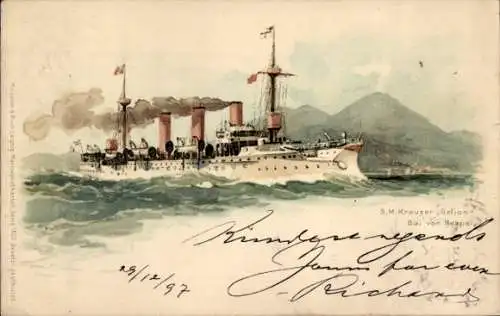 Künstler Litho Bohrdt, Hans, Napoli Neapel Campania, Deutsches Kriegsschiff, SMS Gefion, Kreuzer