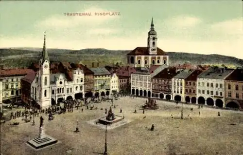 Ak Trutnov Trautenau Riesengebirge Reg. Königgrätz, Ringplatz, Denkmal, Kirche