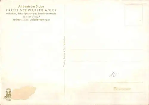 Ak München, Altdeustche Stube, Hotel Schwarzer Adler, Ecke Schiller- und Landwehrstraße