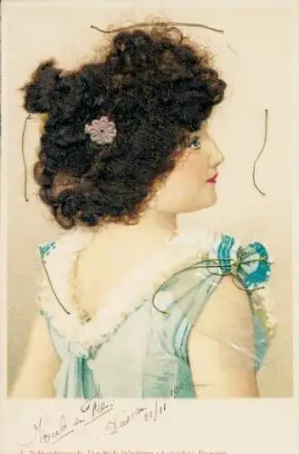 Echthaar Litho Brünette Frau in blauem Kleid