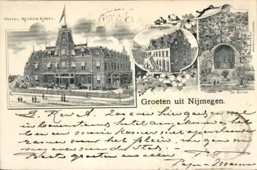 Ak Nijmegen-Gelderland, Hotel Keizer Karel, die Waag, die Ruine