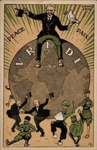 Künstler Ak Vrede, Peace, Paix, Anno 1919, Ende des 1. Weltkriegs, Frieden, tanzende Soldaten