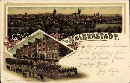 Litho Halberstadt am Harz, Gesamtansicht, Spiegelstraße, Soldatenkompanie Magdeb. Inf. Regt. 27