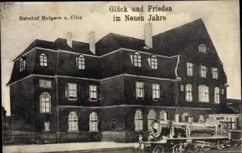Ak Belgern an der Elbe Sachsen, Bahnhof, Dampflokomotive, Fröhliches Neujahr