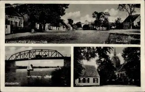 Ak Lunow Stolzenhagen im Kreis Angermünde, Dorfstraße, Kanal, Brücke, Kirche