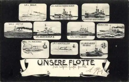 Ak Deutsche Kriegsflotte, SMS Berlin, SMS Wettin, SMS Kaiser Wilhelm II., SMS Wittelsbach