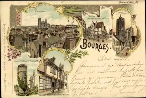 Litho Bourges Cher, Altes Schloss, Kathedrale, Gesamtansicht