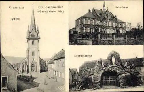 Ak Bernardswiller Bernhardsweiler Elsass Bas Rhin, Schulhaus, Lourdesgrotte, Kirche