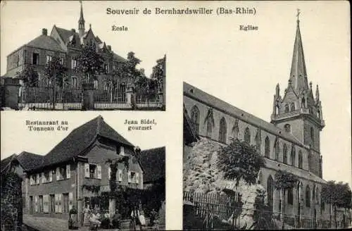 Ak Bernardswiller Elsass Bas Rhin, Schule, Kirche, Restaurant au Tonneau d’or