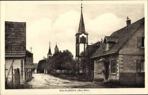 Ak Dalhunden Elsass Bas Rhin, Straßenpartie, Kirche