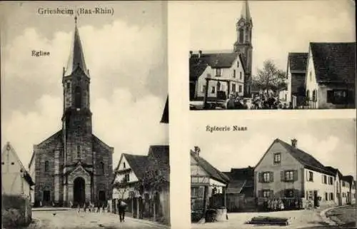 Ak Griesheim près Molsheim Elsass Bas Rhin, Epicerie Naas, Eglise