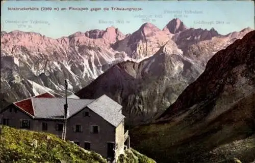 Ak Neustift im Stubaital in Tirol, Innsbrucker Hütte am Pinnisjoch gegen die Tribulaungruppe