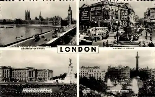 Ak London City England, Piccadilly Circus, Trafalgar-Square, Buckingham-Palace, Parlament
