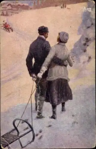 Ak Liebespaar, Schlitten, Winter, Schnee
