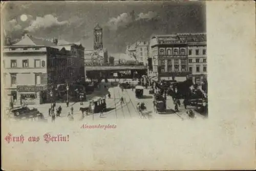Mondschein Ak Berlin Mitte, Alexanderplatz, Pferdestraßenbahn