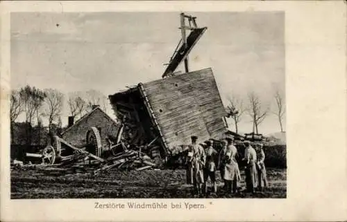 Ak Ypern Westflandern, Zerstörte Windmühle