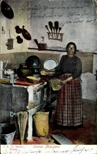 Ak Mexiko, Frau in der Küche, Töpfe, Herd