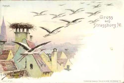 Künstler Ak Strasbourg Straßburg Elsass Bas Rhin, Abreise der Störche
