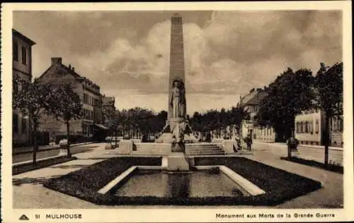 Ak Mulhouse Mülhausen Elsass Haut Rhin, Monument aux Morts de la Grande Guerre