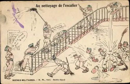Künstler Ak Französische Soldaten waschen die Treppe